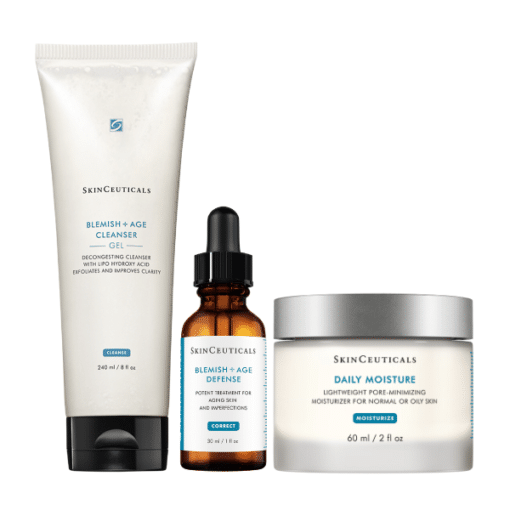 SkinCeuticals Rengörande & Balanserande Hudvårdsrutin Ett effektivt hudvårdskit för dig med mogen hud som kämpar med orenheter, förstorade porer och ojämn hudstruktur. Kombinationen av rengöring, aktivt serum och återfuktande kräm hjälper till att återställa balansen, minska blemmor och förebygga ålderstecken. Produkter i kitet: Blemish + Age Cleansing Gel (1 st): Djupverkande rengöringsgel med salicylsyra och glykolsyra som avlägsnar orenheter och jämnar ut huden. Blemish + Age Defense (1 st): Målmedvetet serum som motverkar både akne och ålderstecken. Reglerar talgproduktion och reducerar fina linjer. Daily Moisture (1 st): Lätt, porsammandragande kräm som återfuktar och lugnar huden utan att kännas tung. För: Henne, Honom Hudtillstånd: Orenheter, stora porer, ålderstecken Rekommendation: Passar blandad till fet hud. Använd dagligen för bästa resultat. Kombinera gärna med ett C-vitaminserum för ökad lyster och skydd.