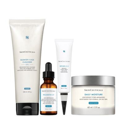 SkinCeuticals Startkit för Blandad/Fet Mogen Hud Ett komplett hudvårdskit för att motverka ålderstecken, pigmenteringar, glansighet och ojämn hudstruktur. Anpassat för blandhud och fet hud. Hudtyp: Blandhud, Fet hud Hudtillstånd: Pigmenteringar, fina linjer, glans, ojämn hudton & struktur Rutin: Morgon & kväll För: Henne, Honom Innehåller: Blemish + Age Cleansing Gel (rengöring): Rengör porer och förbättrar hudens klarhet Phloretin CF (serum): Antioxidantskydd, jämnar ut hudton Retinol 0.3 (nattbehandling): Stimulerar cellförnyelse, reducerar ålderstecken Daily Moisture (24h creme): Återfuktar och minskar glansighet Tips: Introducera retinol försiktigt. Använd alltid solskydd dagtid.