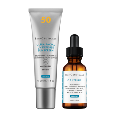 SkinCeuticals C E Ferulic & Ultra Facial Defense SPF 50+ Storlek: 30 ml serum, 30 ml solskydd För: Henne och honom Hudtyp: Blandhud, normal och torr hud Hudtillstånd: Grå och livlös hud, ojämn hudstruktur och hudton, pigmenteringar, yttorrhet Användning: Morgon och återapplicering under dagen Detta kit ger effektivt skydd mot pigmenteringar och förtidigt åldrande. Serumet innehåller C-vitamin och antioxidanter som skyddar huden mot fria radikaler, minskar fina linjer och förbättrar hudens lyster och fasthet. Solskyddet är lätt, ofärgat och ger ett brett UV-skydd samtidigt som det återfuktar huden upp till 12 timmar. Vattenresistent och icke-komedogent, passar alla hudtyper.