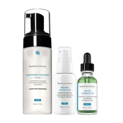 För: Henne, Honom Produkt Ansikte: Ansiktsrengöring, Serum, 24h Creme Hudtillstånd: Känslig hud, Rodnad, Rosacea Varumärke: SkinCeuticals Detta kit från SkinCeuticals är speciellt framtaget för att lugna och stärka känslig hud med rodnad. Börja med att rengöra huden försiktigt morgon och kväll med Soothing Cleanser. Applicera sedan det lugnande Phyto Corrective-serumet som ger klarare hud och minskar irritation. Avsluta med Redness Neutralizer, en lätt kräm som stärker hudbarriären och reducerar rodnad. Produkter: Soothing Cleanser – mild rengöring med botaniska extrakt Phyto Corrective – lugnande geléserum med gurka och timjan Redness Neutralizer – kräm som minskar rodnad och stärker huden utan parfym