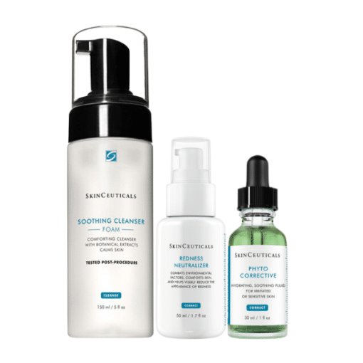 För: Henne, Honom Produkt Ansikte: Ansiktsrengöring, Serum, 24h Creme Hudtillstånd: Känslig hud, Rodnad, Rosacea Varumärke: SkinCeuticals Detta kit från SkinCeuticals är speciellt framtaget för att lugna och stärka känslig hud med rodnad. Börja med att rengöra huden försiktigt morgon och kväll med Soothing Cleanser. Applicera sedan det lugnande Phyto Corrective-serumet som ger klarare hud och minskar irritation. Avsluta med Redness Neutralizer, en lätt kräm som stärker hudbarriären och reducerar rodnad. Produkter: Soothing Cleanser – mild rengöring med botaniska extrakt Phyto Corrective – lugnande geléserum med gurka och timjan Redness Neutralizer – kräm som minskar rodnad och stärker huden utan parfym