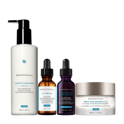 SkinCeuticals kit för torr hud och lyster Ge huden näring, skydd och fukt med detta återfuktande kit från SkinCeuticals. ✔ C E Ferulic – antioxidantserum som ger lyster, skydd och minskar torrhet ✔ Gentle Cleanser – mild rengöring som bevarar fukten ✔ H.A. Intensifier – serum med hyaluronsyra som fyller ut torrhetslinjer ✔ Triple Lipid 2:4:2 – rik kräm som stärker hudbarriären utan att kännas fet Perfekt för torr, känslig eller mogen hud i behov av extra vård.